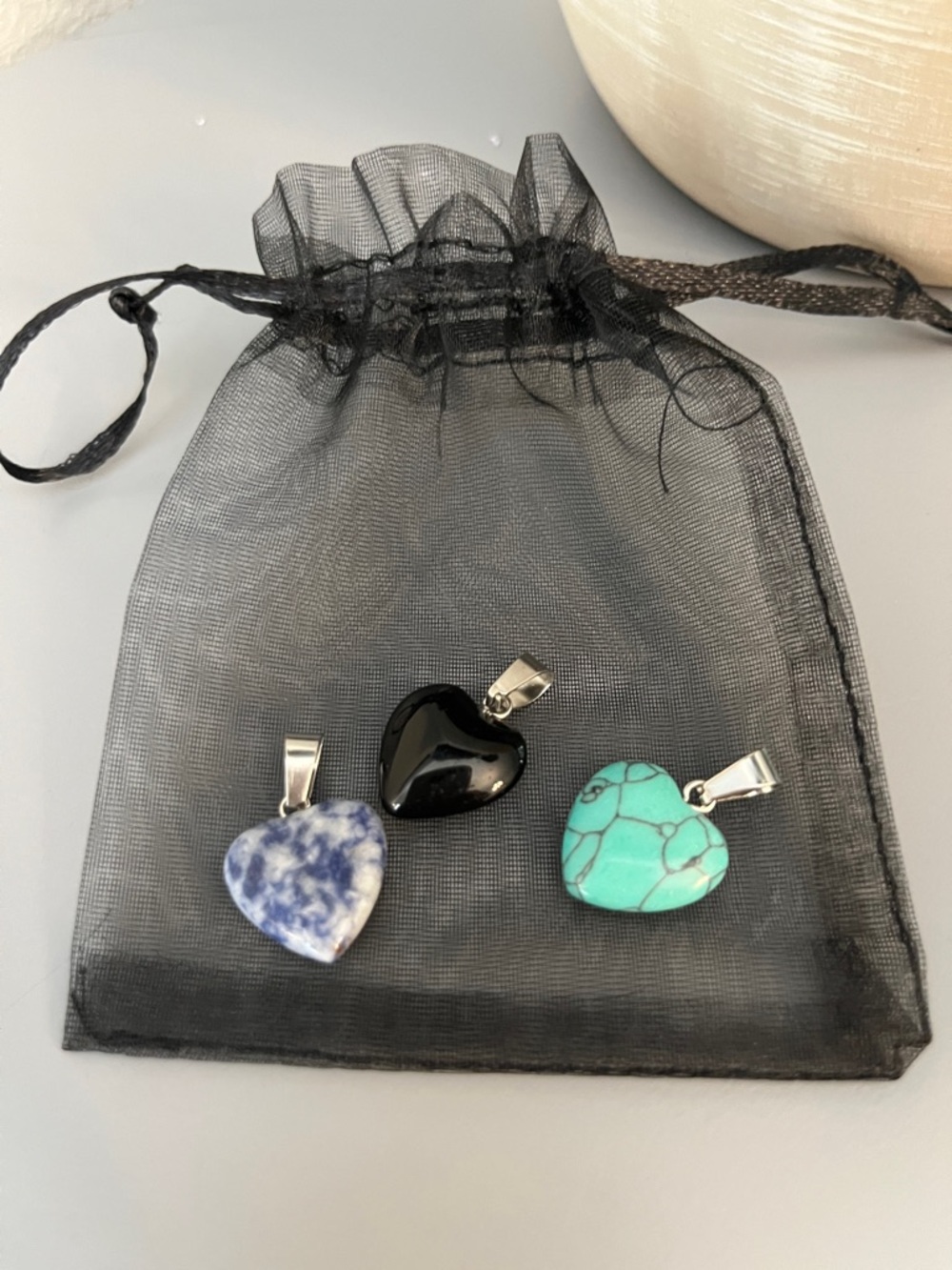 Heart Shape Stone Pendant Trio - Turquoise, Black, Blue 925 Sterling Silver